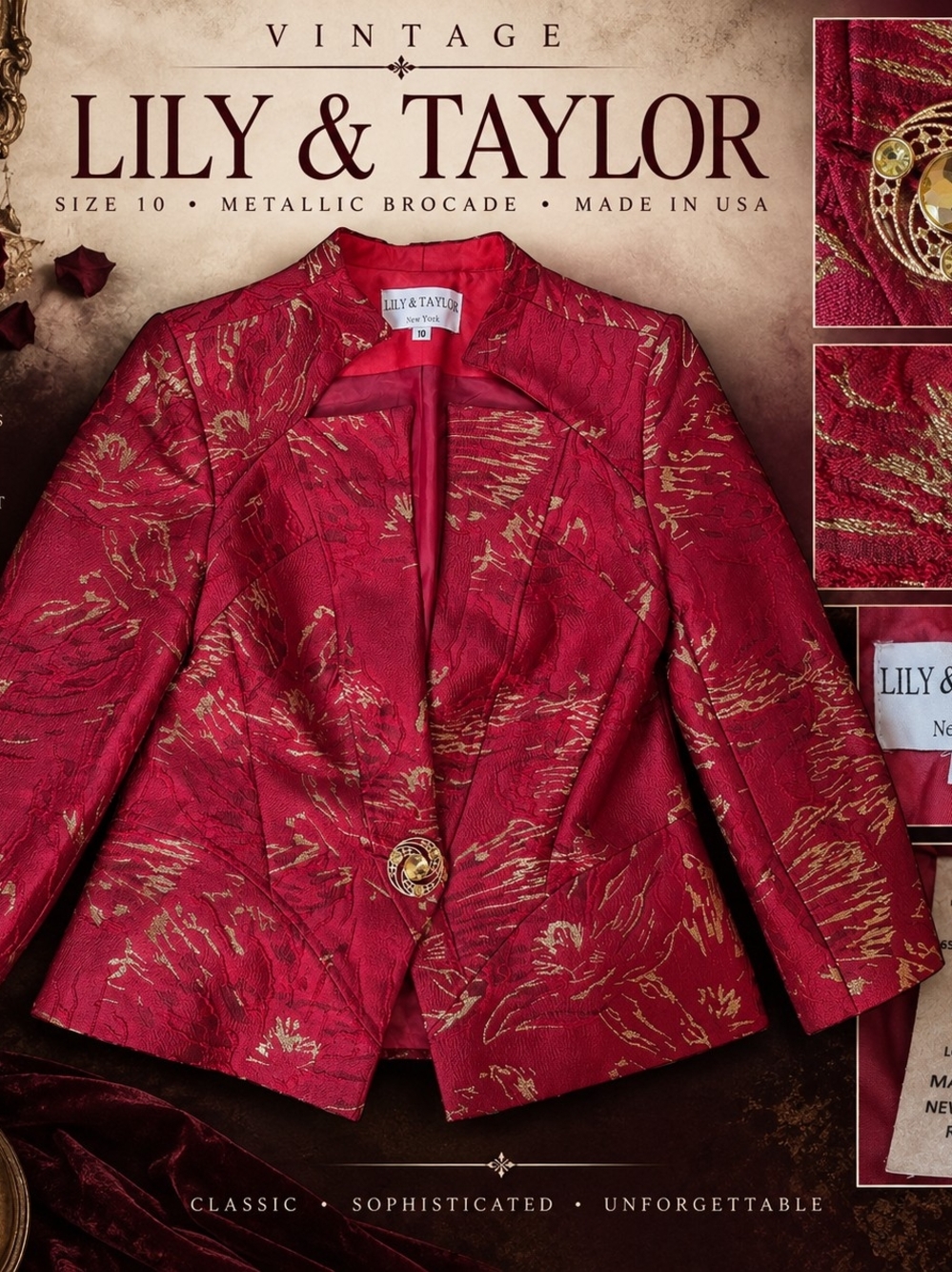 Vintage Lily & Taylor Red Gold Lurex Brocade Jeweled Blazer Jacket Size 10